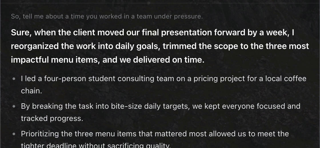 The panel answering a question about teamwork with a story from the profile